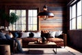 rustic living room with wood panel walls and a large industrial-style pendant lamp (AIgen) Royalty Free Stock Photo