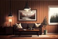 rustic living room with wood panel walls and a large industrial-style pendant lamp (AIgen) Royalty Free Stock Photo