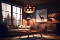 rustic living room with wood panel walls and a large industrial-style pendant lamp (AIgen) Royalty Free Stock Photo