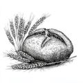 A rustic loaf of bread with a crusty texture, placed beside gently curving wheat stalks, evoking Royalty Free Stock Photo