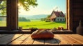 Rustic loaf of bread on wooden table by window with sunlit countryside view. Generative AI Royalty Free Stock Photo
