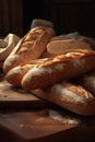 Rustic loaves of crusty French bread baguettes.