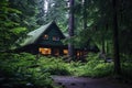 a rustic lodge nestled snugly into the forest undergrowth