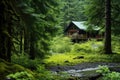 a rustic lodge nestled snugly into the forest undergrowth