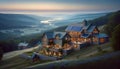 Rustic lodge on a hillside with expansive views of rolling hills and a distant river. Generative AI