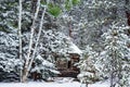 Rustic Log Cabin Hidden In A Snowy Woods Royalty Free Stock Photo