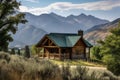 rustic log cabin house surrounded by trees, with view of the mountains in the background Royalty Free Stock Photo