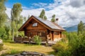 rustic log cabin house surrounded by trees, with view of the mountains in the background Royalty Free Stock Photo