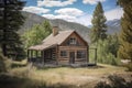 rustic log cabin house surrounded by trees, with view of the mountains in the background Royalty Free Stock Photo