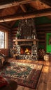 Rustic Log Cabin Interior with a Cozy Fireplace Royalty Free Stock Photo