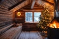 Rustic log cabin interior with lit Christmas tree, fireplace, and snowy forest view through window Royalty Free Stock Photo