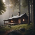 A rustic log cabin nestled in a dense, misty forest1