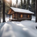 A rustic log cabin nestled in a snowy forest clearing3