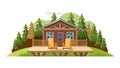 Rustic log cabin, picnic table. Cozy wilderness getaway. vector design Generative AI Royalty Free Stock Photo