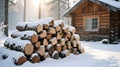 Rustic Log Cabin and a Stack of Snow covered Firewood in Winter Forest Royalty Free Stock Photo
