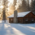 A rustic log cabin with a stone chimney emits smoke, suggesting warmth inside. The Royalty Free Stock Photo