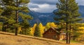 Log cabin nestled in a landscape with autumn trees, pine trees, and mountains under a cloudy sky house Royalty Free Stock Photo