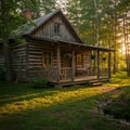 Rustic Log Cabin at Sunset in a Forest Royalty Free Stock Photo