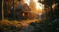 Rustic Log Cabin at Sunset in a Forest with Waterfall Royalty Free Stock Photo
