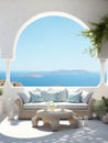 Rustic lounge sofa and coffee table on white stone terrace. Traditional Mediterranean architecture. Summer with sea view Royalty Free Stock Photo