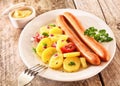 Rustic lunch made of boiled potatoes and sausages