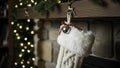 Rustic mantlepiece decorated with greenery and a large knitted white stocking. Royalty Free Stock Photo