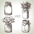 Rustic, mason and canning jars hand drawn set. Sketch design elements. Vector illustrations