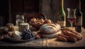 Rustic meal on wooden table with wine generated by AI