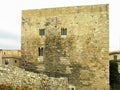 Rustic medieval sandstone tower wall with windows