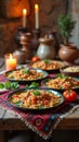 Rustic mediterranean dinner with spaghetti napolitan and candlelit ambiance Royalty Free Stock Photo