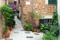 Rustic patio in Mediterranean village Fornalutx, Majorca, Spain Royalty Free Stock Photo