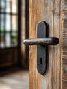 Rustic metal door handle on a wooden door close-up. Royalty Free Stock Photo