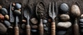 Rustic Metal Gardening Tools and Grey Stones on Dark Background Royalty Free Stock Photo