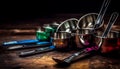 Rustic metal kitchenware collection on wooden table generated by AI Royalty Free Stock Photo