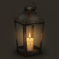A rustic metal lantern with a cone-shaped top and a handle features a lit candle Royalty Free Stock Photo