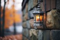 rustic metal lantern on stone wall at dusk