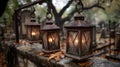 Rustic Metal Lanterns with Glowing Candles in a Rainy Cemetery Royalty Free Stock Photo