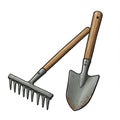 Rustic Metal Rake and Shovel with Wooden Handles Royalty Free Stock Photo