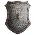 Rustic metal shield covered by scales isolated 3d illustration