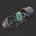Rustic metallic capsule split open reveals a futuristic interior. Inside, a glass dome Royalty Free Stock Photo