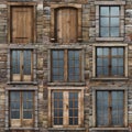 Rustic Modern Elegance: Wooden Framed Windows in Stone Walls - cut-and-paste collage Royalty Free Stock Photo