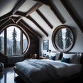 Rustic Modern Interior Design Of Bedroom In Attic, Triangle Ceiling With Wooden Beams, Window With Sun Light, Generative AI Royalty Free Stock Photo