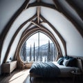 Rustic Modern Interior Design Of Bedroom In Attic, Triangle Ceiling With Wooden Beams, Window With Sun Light, Generative AI Royalty Free Stock Photo