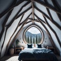 Rustic Modern Interior Design Of Bedroom In Attic, Triangle Ceiling With Wooden Beams, Window With Sun Light, Generative AI