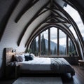 Rustic Modern Interior Design Of Bedroom In Attic, Triangle Ceiling With Wooden Beams, Window With Sun Light, Generative AI Royalty Free Stock Photo