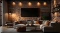 Rustic modern living room with exposed brick wall and soft ambient lighting Royalty Free Stock Photo