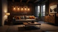 Rustic modern living room with exposed brick wall and soft ambient lighting Royalty Free Stock Photo