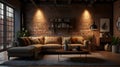 Rustic modern living room with exposed brick wall and soft ambient lighting Royalty Free Stock Photo