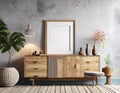 In this rustic modern living room, a firefly wooden cabinet or dresser stands against a textured concrete wall. Royalty Free Stock Photo