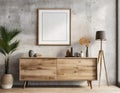 In this rustic modern living room, a firefly wooden cabinet or dresser stands against a textured concrete wall. Royalty Free Stock Photo